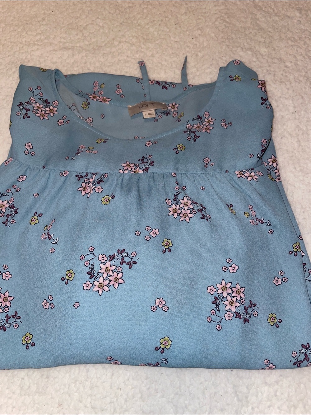 LOFT Powder Blue Floral Long Sleeve Top.  Size Small.  Elastic wrist with ties.